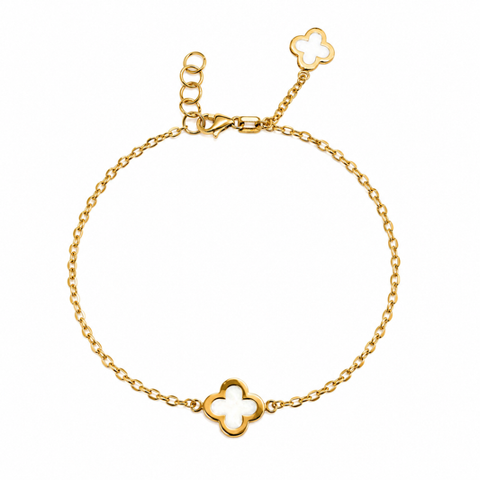 18K Yellow Gold White Enamel Clover Bracelet