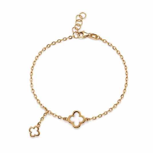 18K Yellow Gold White Enamel Clover Bracelet
