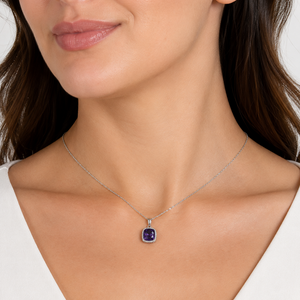 14K White Gold Cushion Amethyst & Diamond Halo Pendant Necklace