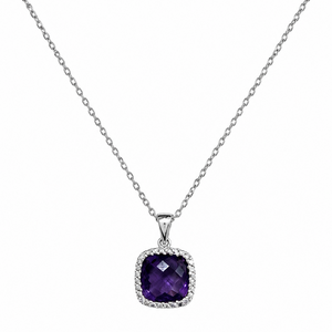 14K White Gold Cushion Amethyst & Diamond Halo Pendant Necklace