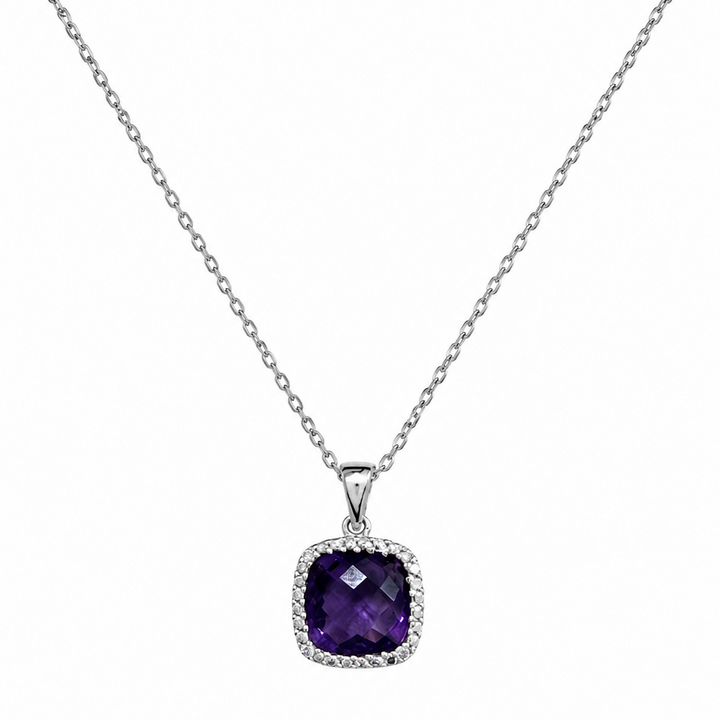 14K White Gold Cushion Amethyst & Diamond Halo Pendant Necklace