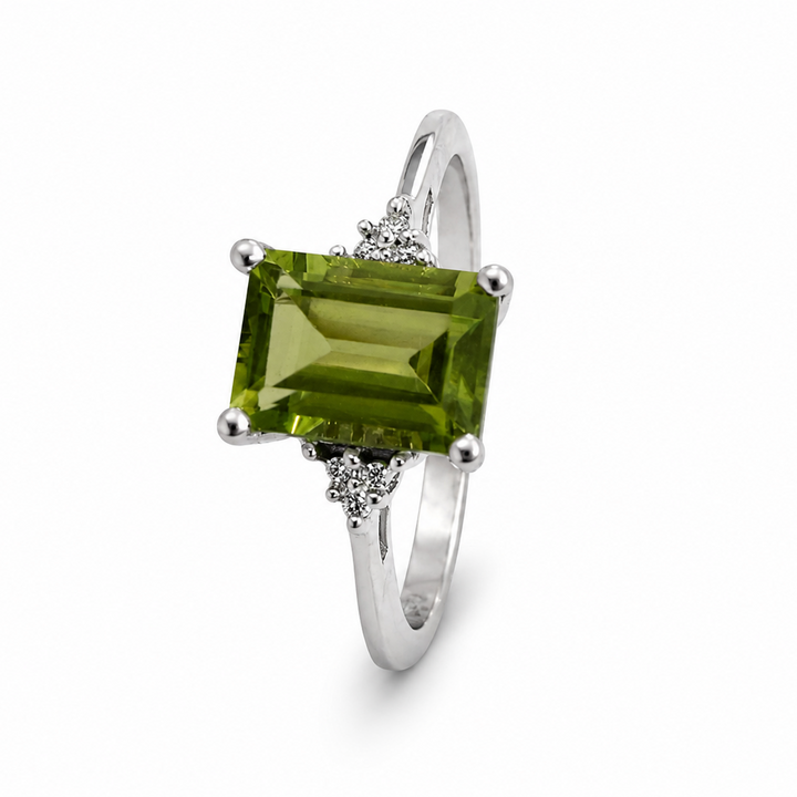 925  Sterling Silver Emerald-Cut Green Stone Ring