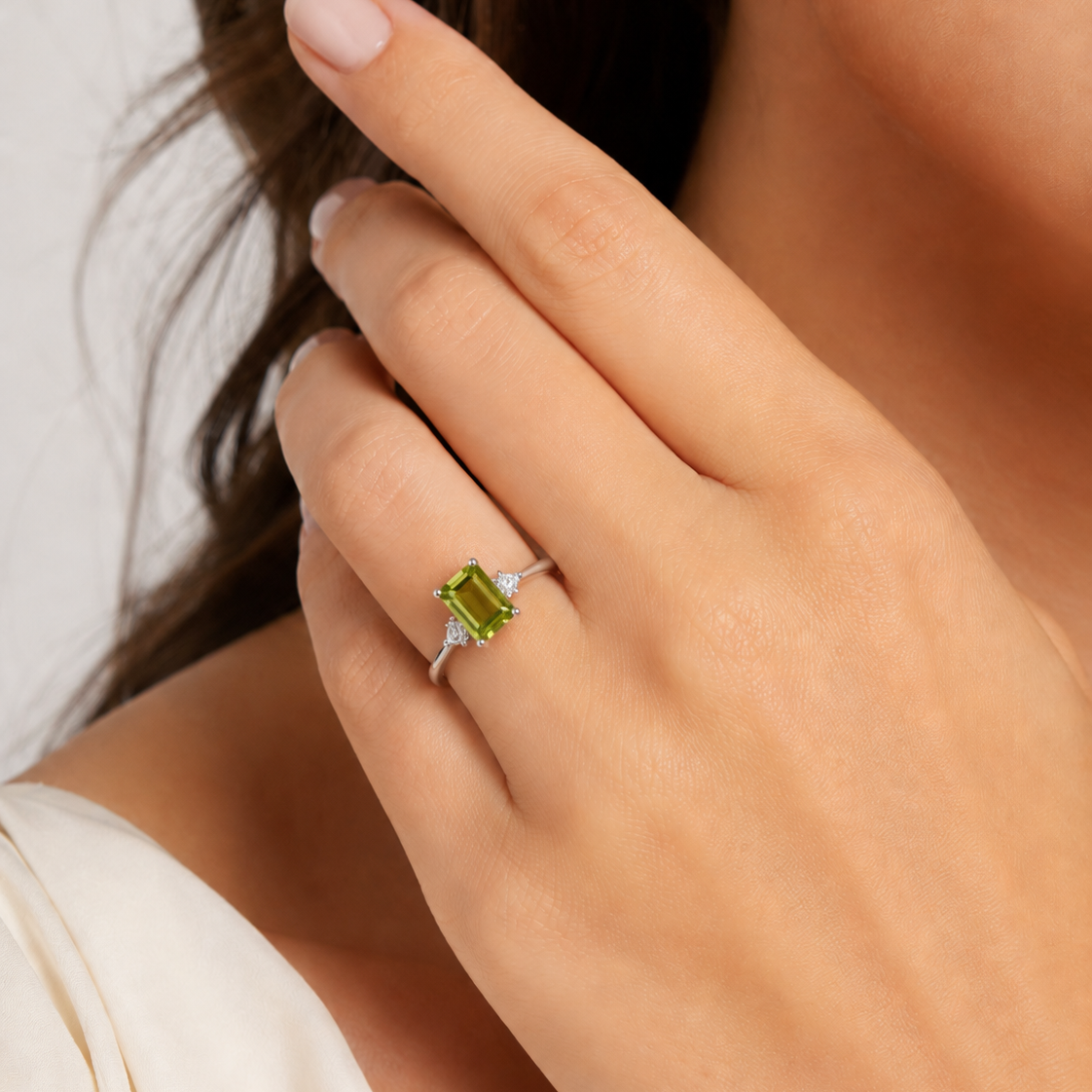 925  Sterling Silver Emerald-Cut Green Stone Ring