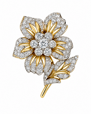 18K Yellow Gold Pavé Diamond Floral Pendant With Leaf Stem TDW:0.79ct