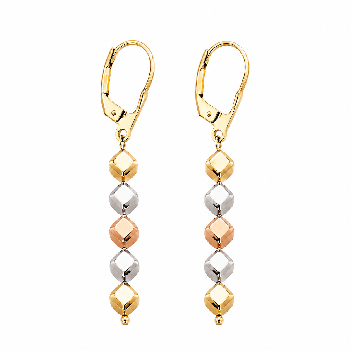 14K Tri-Tone Gold Cube Drop Earrings