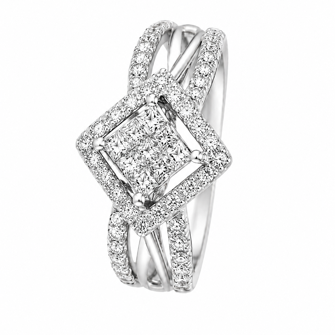 18K White Gold Princess-Cut Diamond Halo Split-Shank Ring.