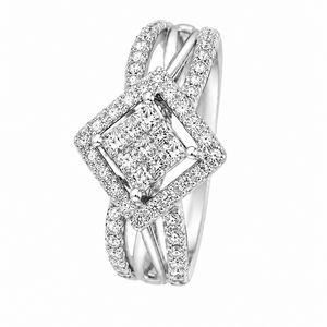 18K White Gold Princess-Cut Diamond Halo Split-Shank Ring.