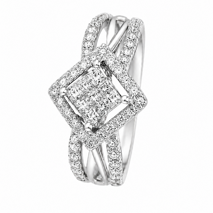 18K White Gold Princess-Cut Diamond Halo Split-Shank Ring.