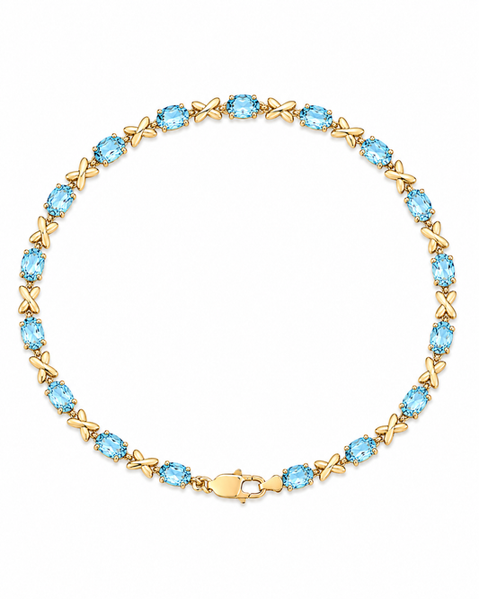 14K Yellow Gold Oval Blue Topaz Tennis Bracelet