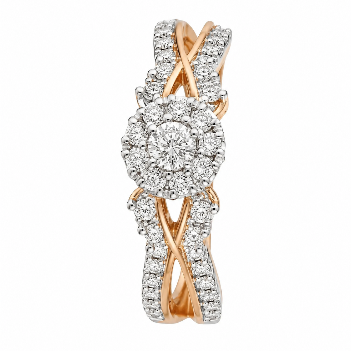 18K Rose Gold Two-Tone Diamond Cluster Criss-Cross Ring