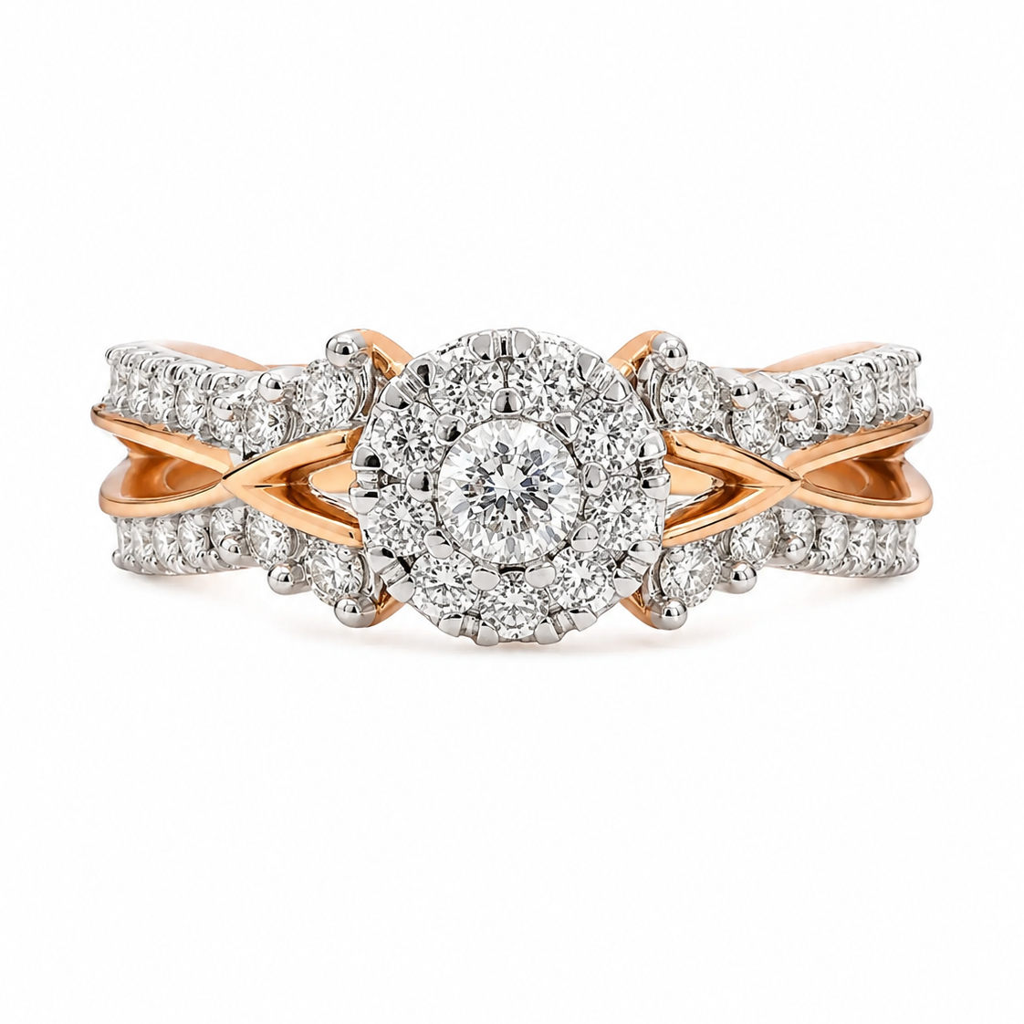 18K Rose Gold Two-Tone Diamond Cluster Criss-Cross Ring