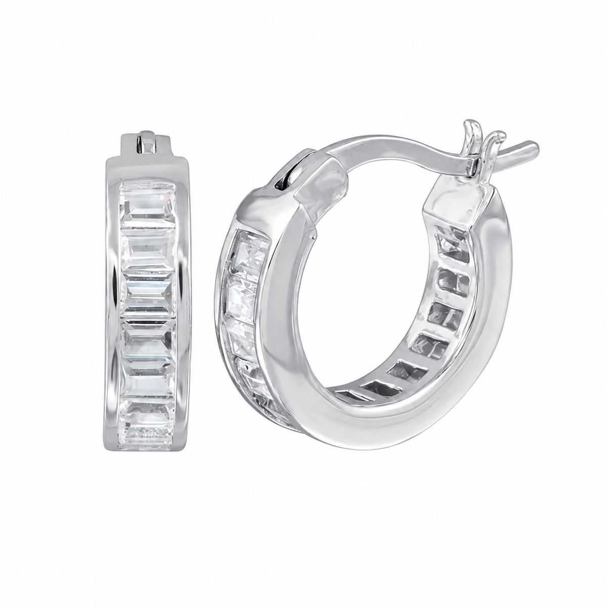 925 Sterling Silver Baguette CZ Hoop Earrings