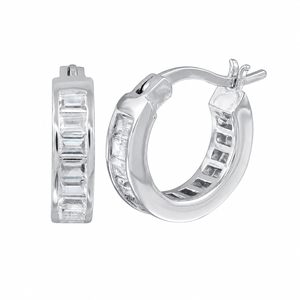925 Sterling Silver Baguette CZ Hoop Earrings