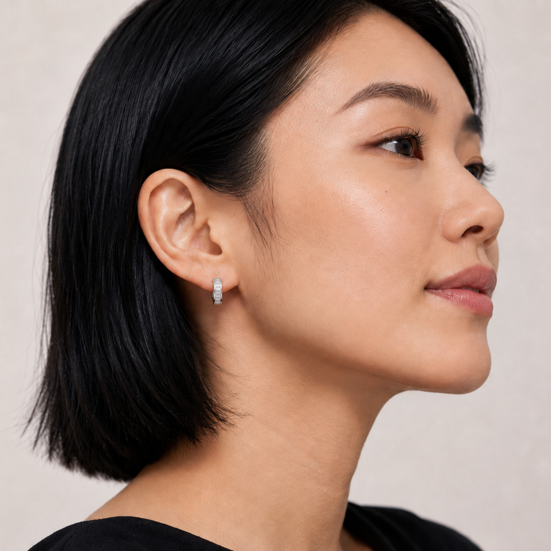 925 Sterling Silver Baguette CZ Hoop Earrings