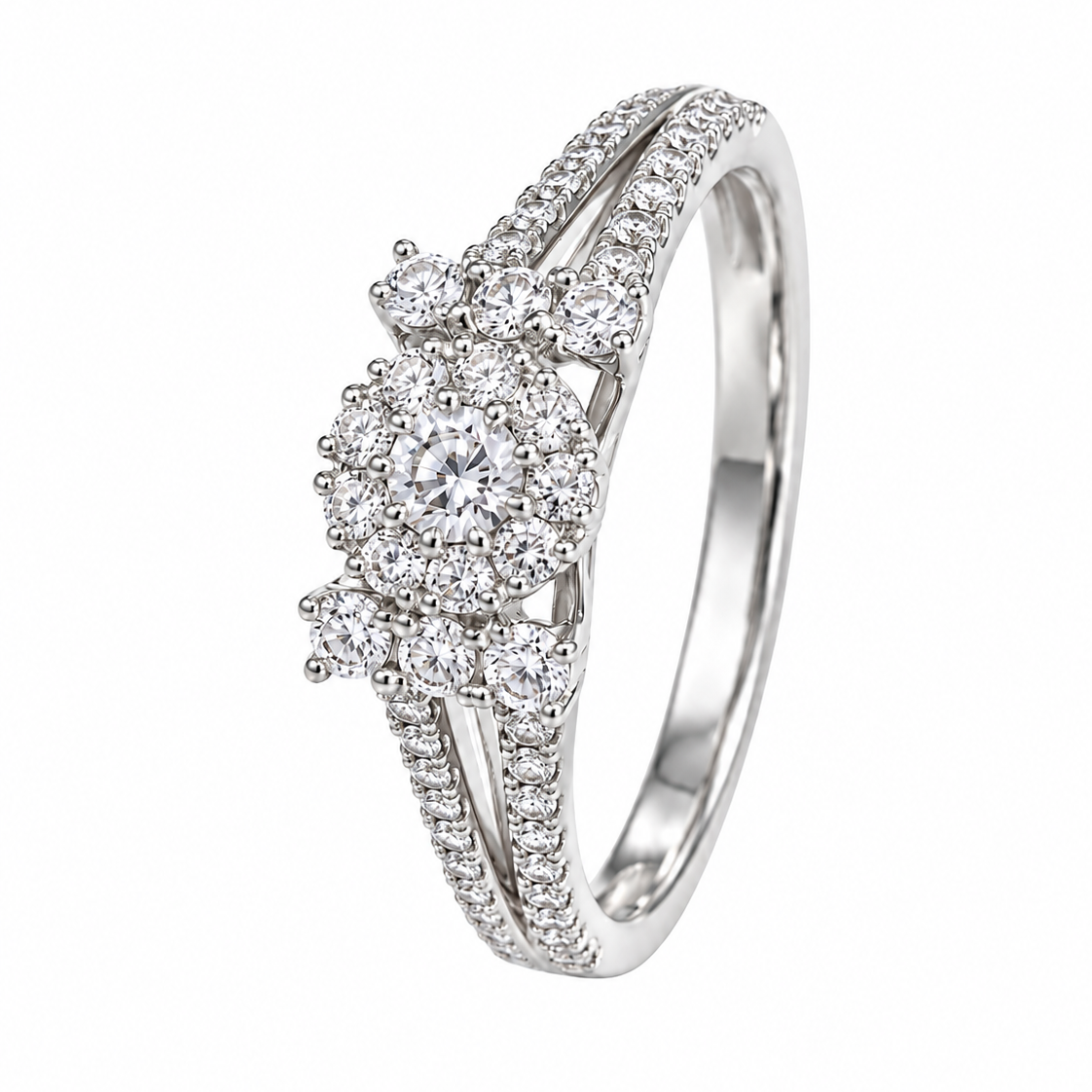 18K White Gold Diamond Flower Cluster Ring Split Shank