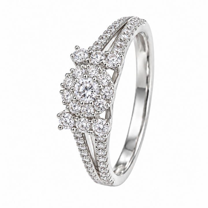 18K White Gold Diamond Flower Cluster Ring Split Shank.