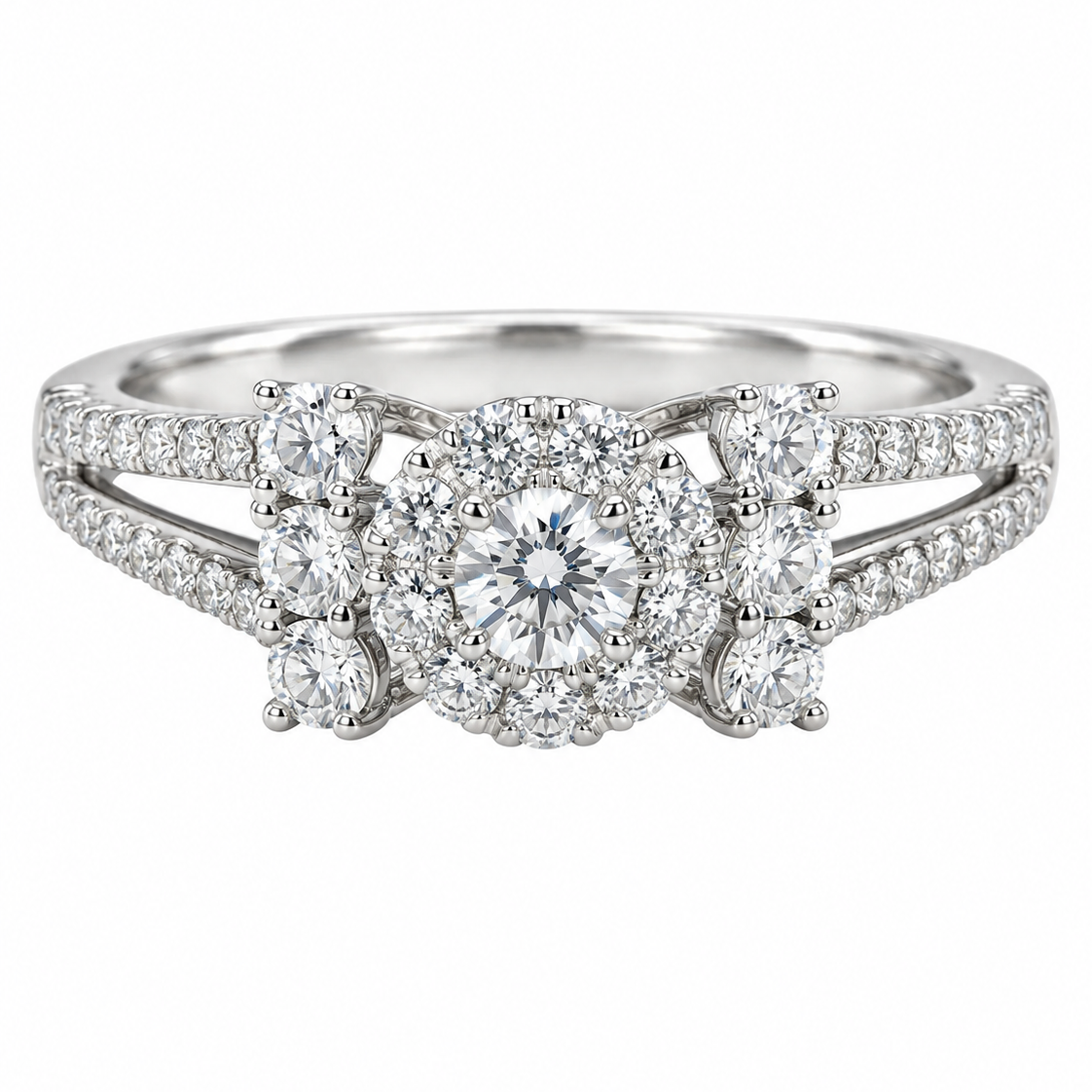 18K White Gold Diamond Flower Cluster Ring Split Shank
