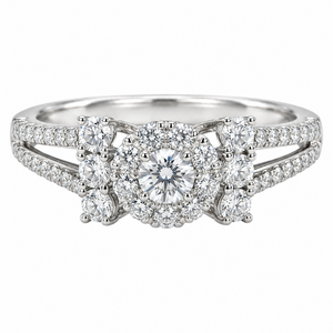 18K White Gold Diamond Flower Cluster Ring Split Shank