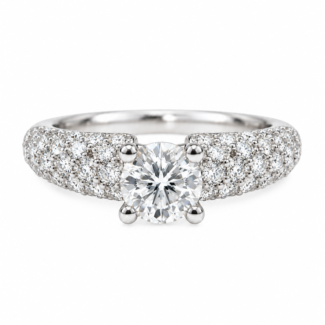 18K White Gold Round Diamond Solitaire Ring Pavé Shoulders