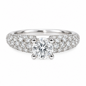 18K White Gold Round Diamond Solitaire Ring Pavé Shoulders