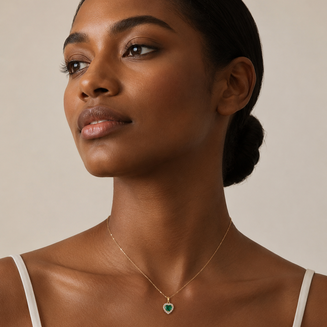 18K Yellow Gold Heart-Cut Emerald & Diamond Halo Pendant Necklace