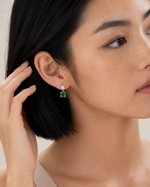 925 Sterling Silver Princess-Cut Green CZ Pendant & Drop Earrings Set