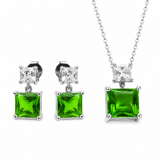 925 Sterling Silver Princess-Cut Light Green CZ Pendant & Drop Earrings Set