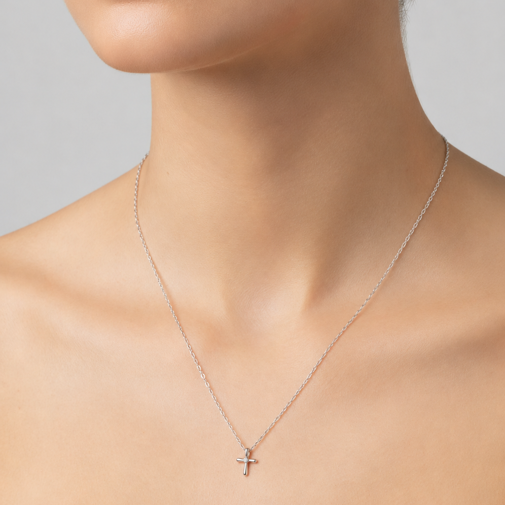 925 Sterling Silver Rhodium Plated Small Cross with CZ Necklace