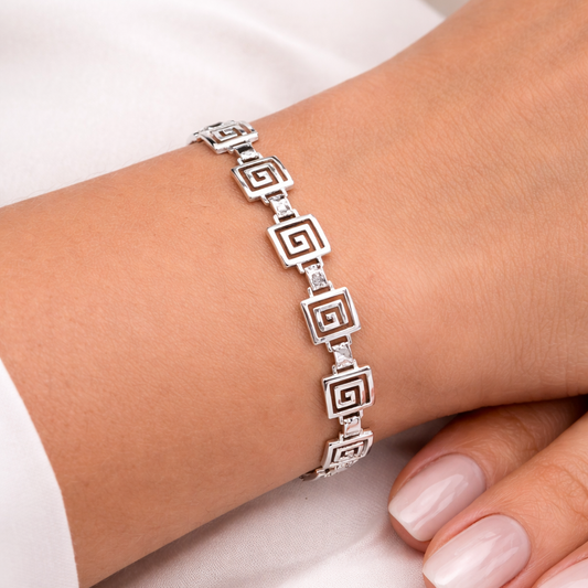 925 Sterling Silver Greek Key Link Bracelet