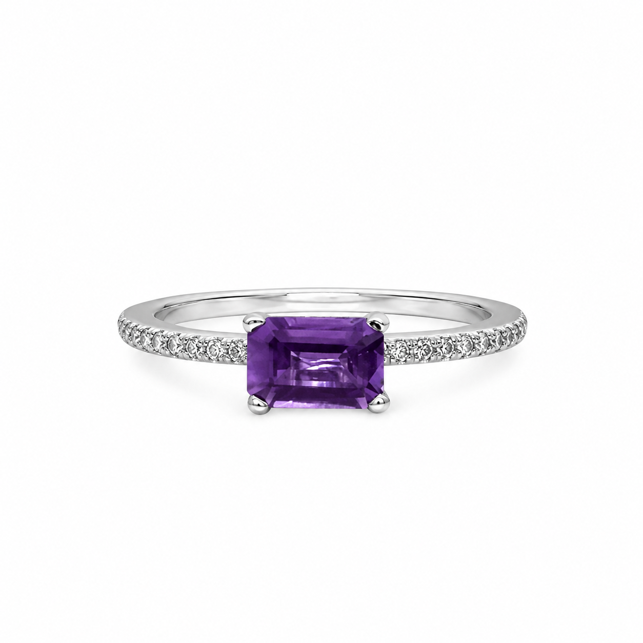 925 Sterling Silver Purple Emerald-Cut Amethyst Ring