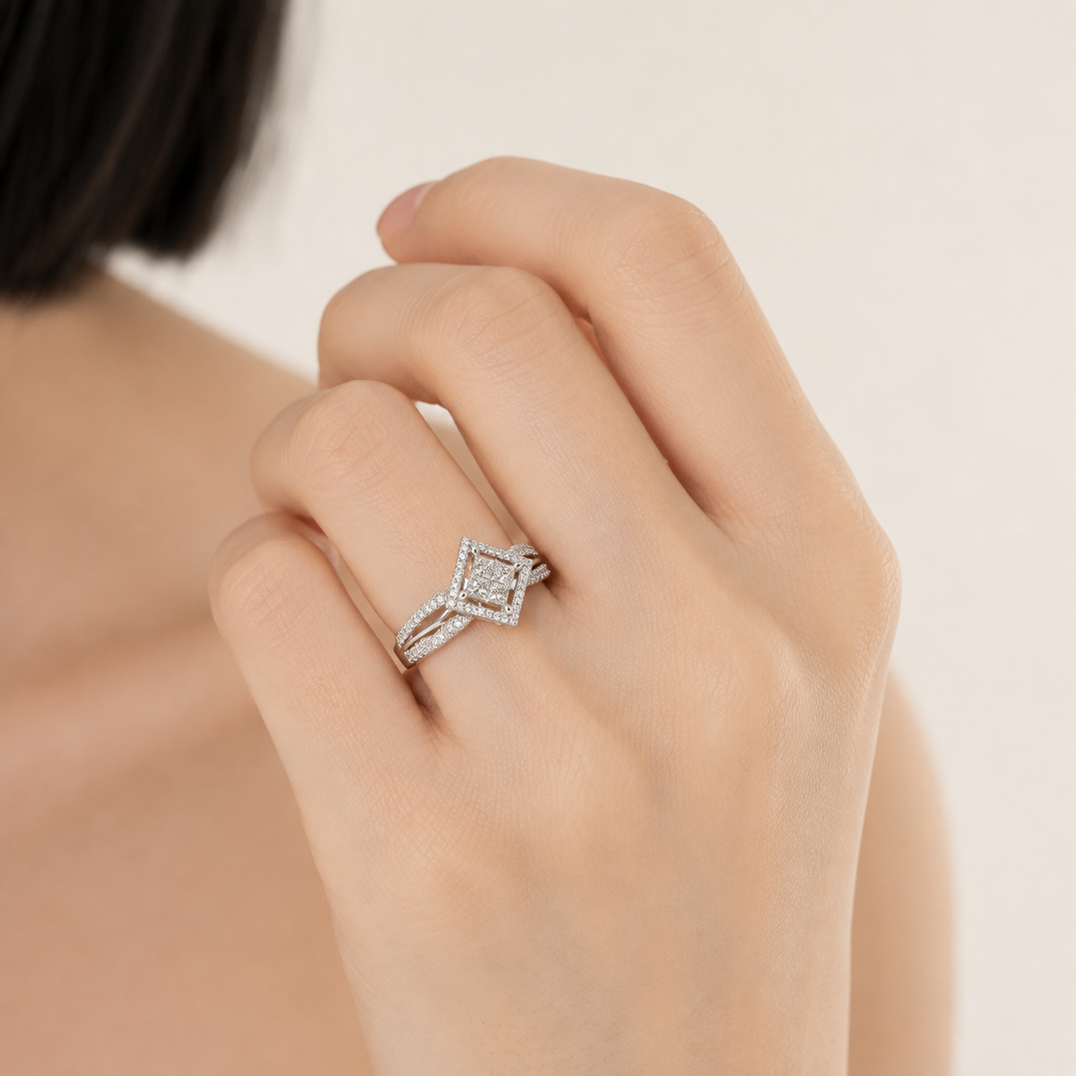 18K White Gold Princess-Cut Diamond Halo Split-Shank Ring.