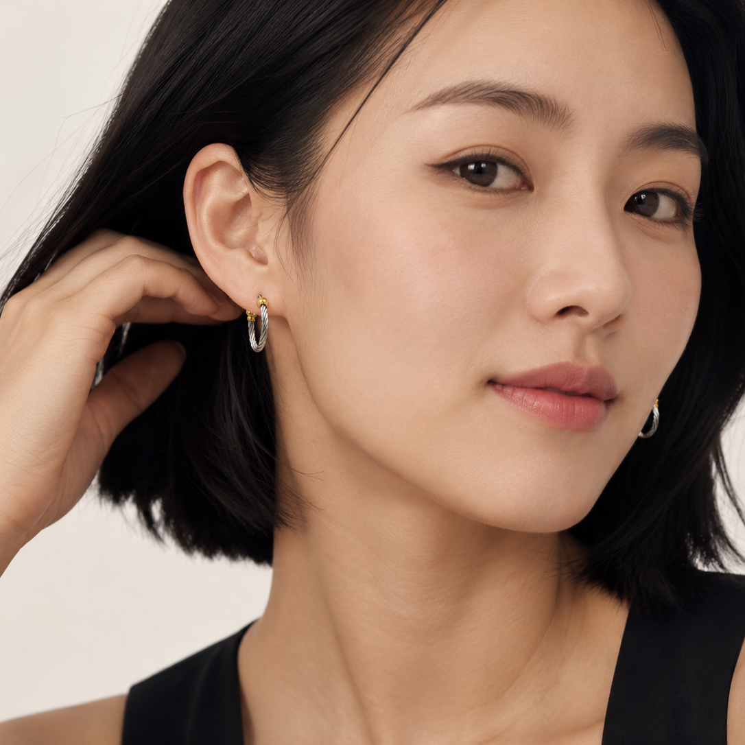 Stainless Steel Gold & Rhodium Plated Cable Hoop Earrings
