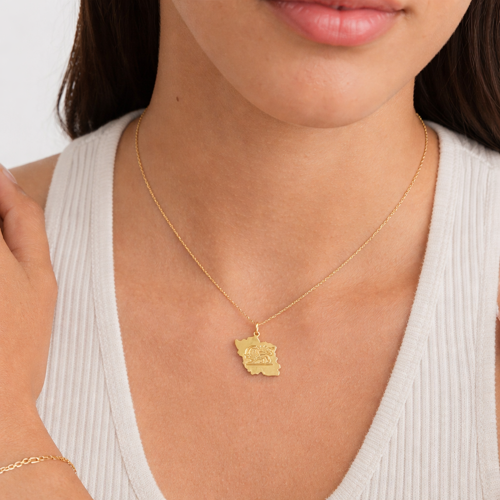 18K Yellow Gold Iran Map Pendant with Lion and Sun Emblem
