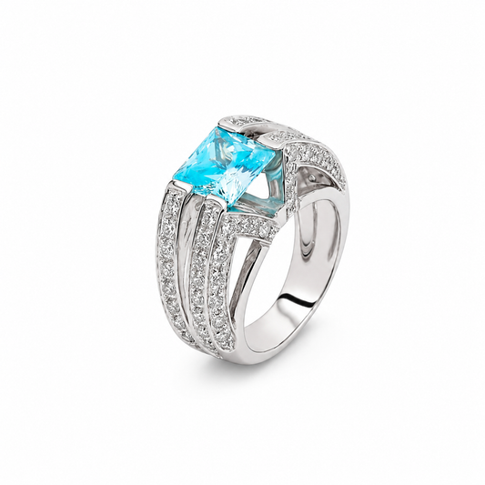 18K White Gold Vintage Princess-Cut Blue Topaz Ring with Diamond Accents