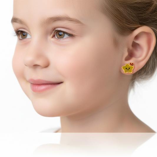 Yellow gold kids stud earring shotting star with Yellow Enamel, 18k 1.15gr