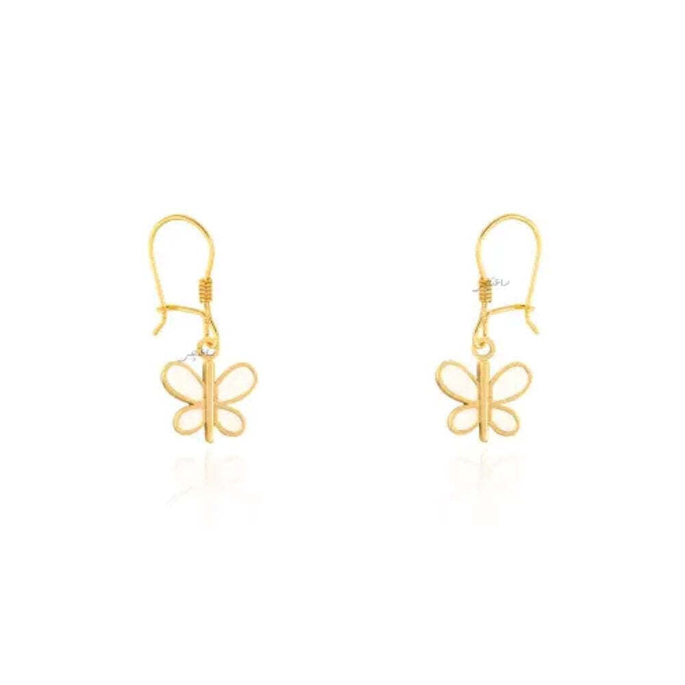 Yellow Gold dangling Butterfly  Earring with White enamel, 18k, 2.22