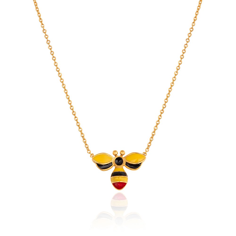 Yellow gold kids necklace with Yellow and black Enamel Bee 18k 3.11gr
