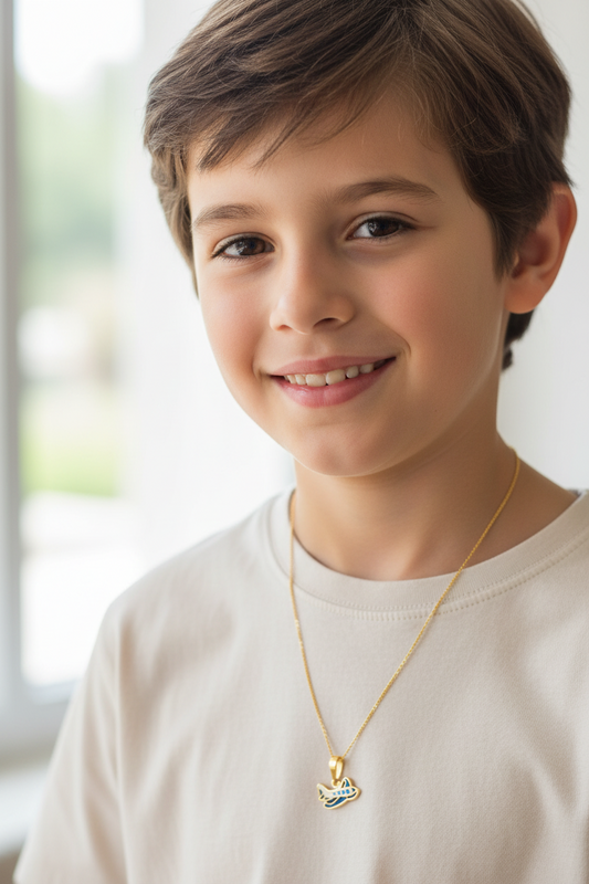 Yellow gold Airplane pendent with white blue Enamel 18k