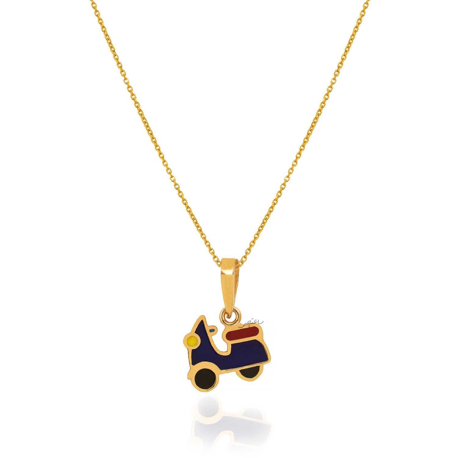 Yellow Gold Stroller Pendent with blue and red Enamel 18k 0.88gr Chain is not Included.