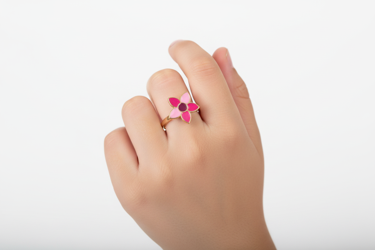 Yellow Gold Kid's Ring setting with Enamel Flower, 18k, 1.54gr