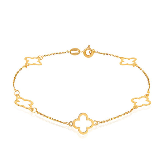Yellow Gold Station Bracelet with Clovers, 18k,
