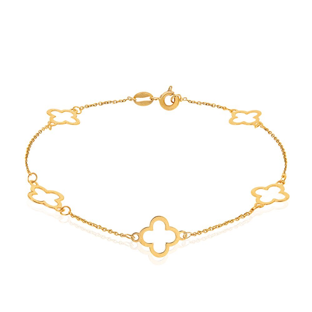 Yellow Gold Station Bracelet with Clovers, 18k,