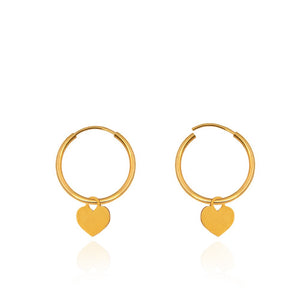 Yellow Gold Hoop Sleepers Earrings with a Dangling Heart. 18k 1.5gr