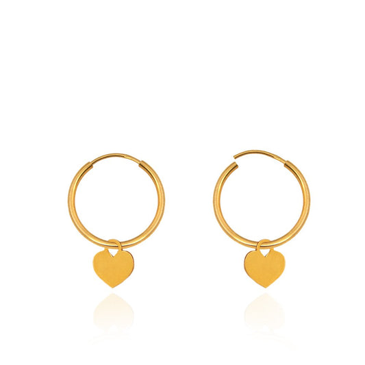 Yellow Gold Hoop Sleepers Earrings with a Dangling Heart. 18k 1.6gr