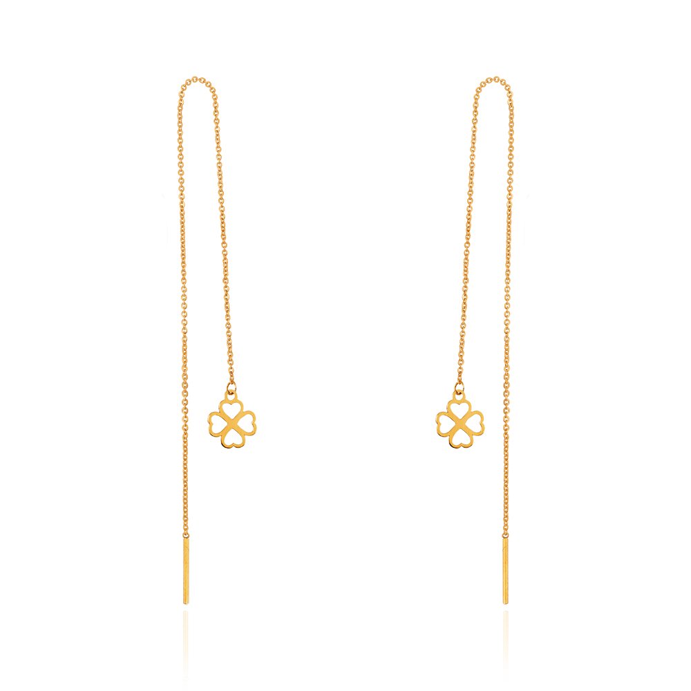 Yellow Gold Long Stitch Earrings with hanging Flower, 18k , 1.2gr