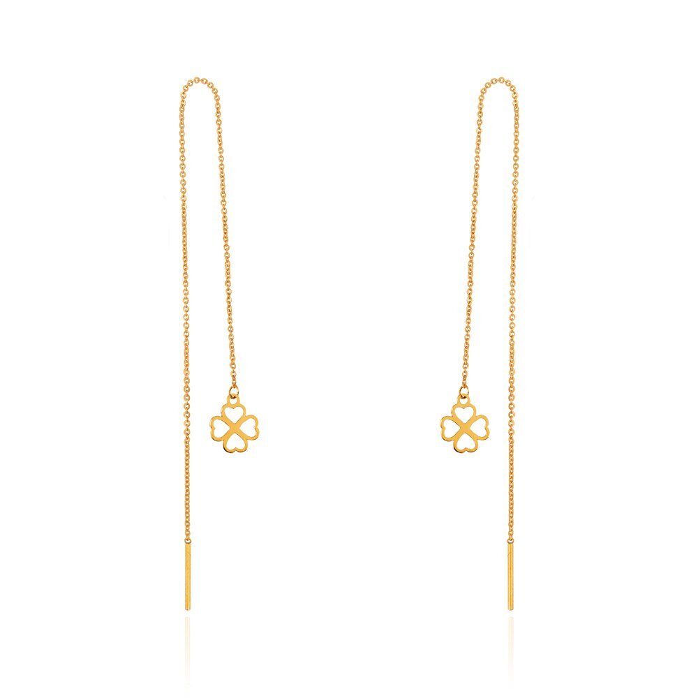 Yellow Gold Long Stitch Earrings with hanging Flower, 18k , 1.2gr