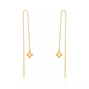Yellow Gold Long Stitch Earrings hanging with one flower, 18k, 1.39gr