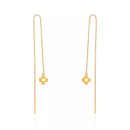 Yellow Gold Long Stitch Earrings hanging with one flower, 18k, 1.39gr