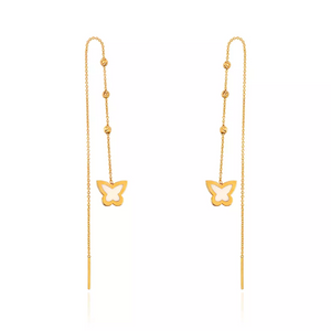 Yellow Gold White Enamel Butterfly Long Stitch Earrings. 18k 1.63gr