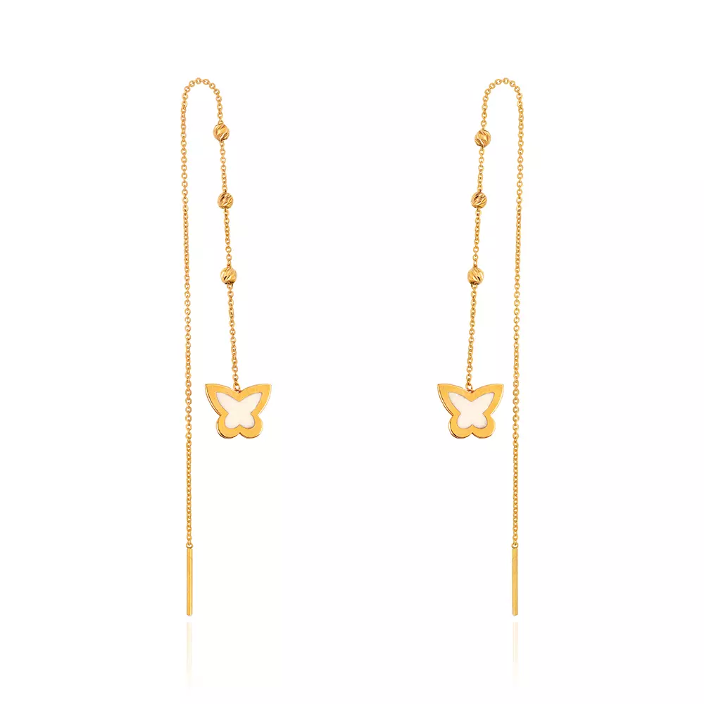 Yellow Gold White Enamel Butterfly Long Stitch Earrings. 18k 1.63gr